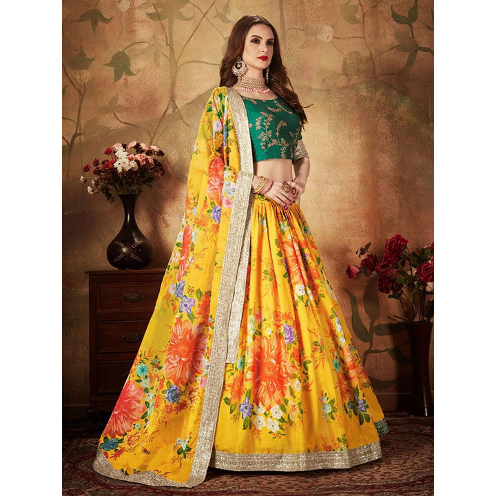 Odette Yellow-Green Printed Semi Stitched Lehenga with Unstitched Blouse and Dupatta (Set of 3)