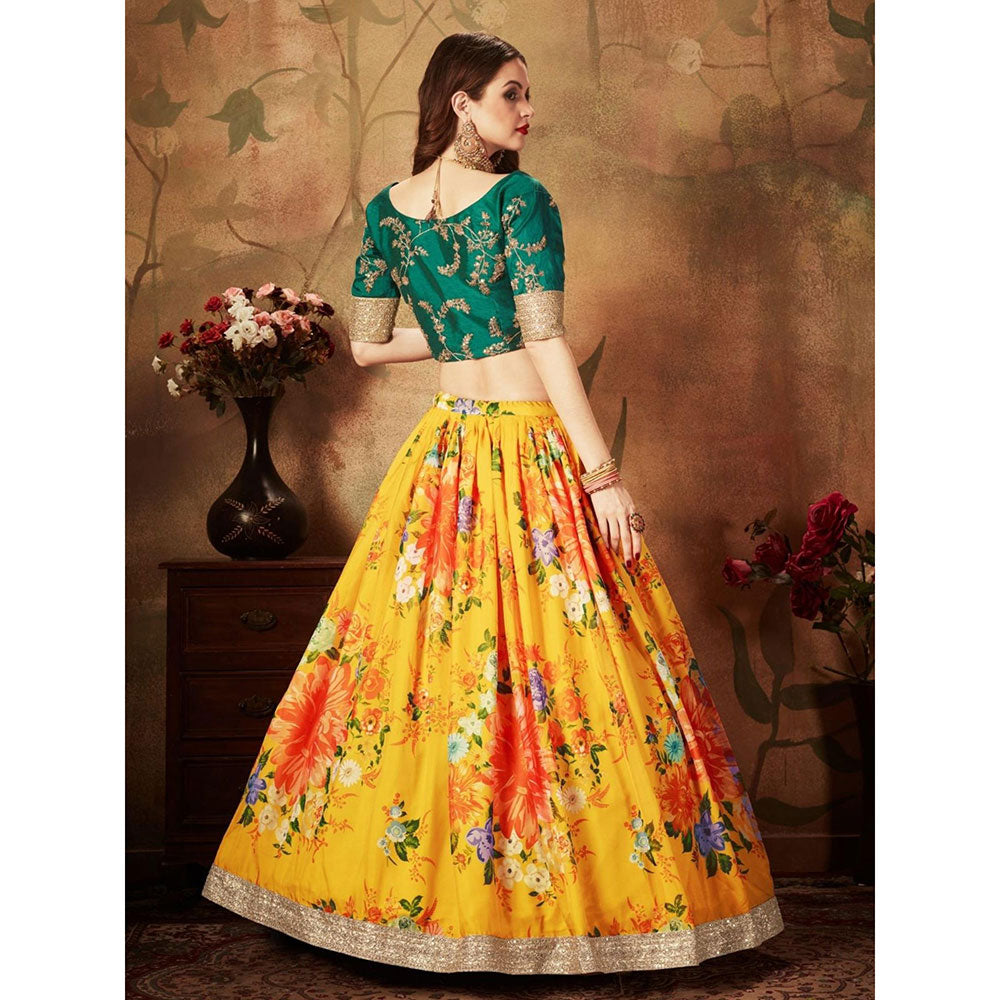 Odette Yellow-Green Printed Semi Stitched Lehenga with Unstitched Blouse and Dupatta (Set of 3)