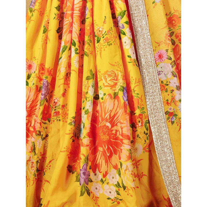 Odette Yellow-Green Printed Semi Stitched Lehenga with Unstitched Blouse and Dupatta (Set of 3)