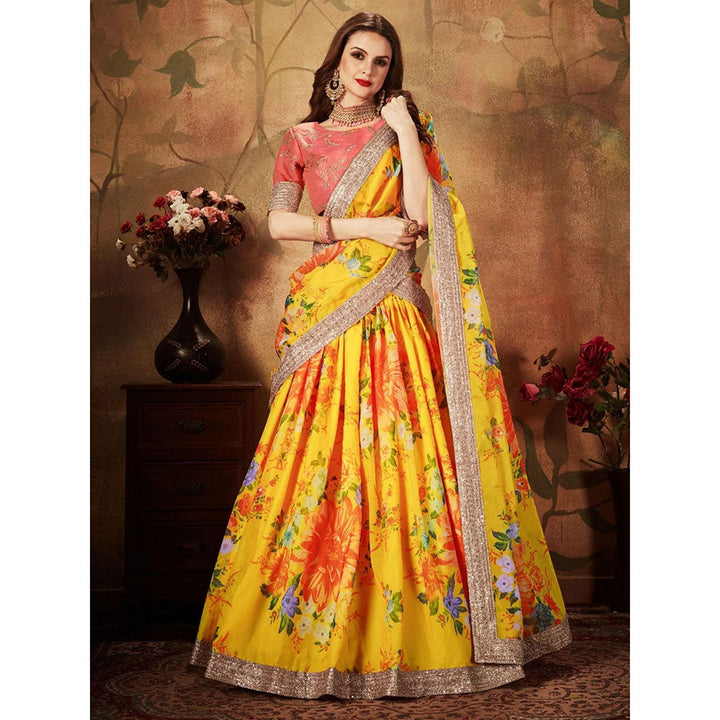 Odette Yellow-Orange Printed Semi Stitched Lehenga with Unstitched Blouse and Dupatta (Set of 3)