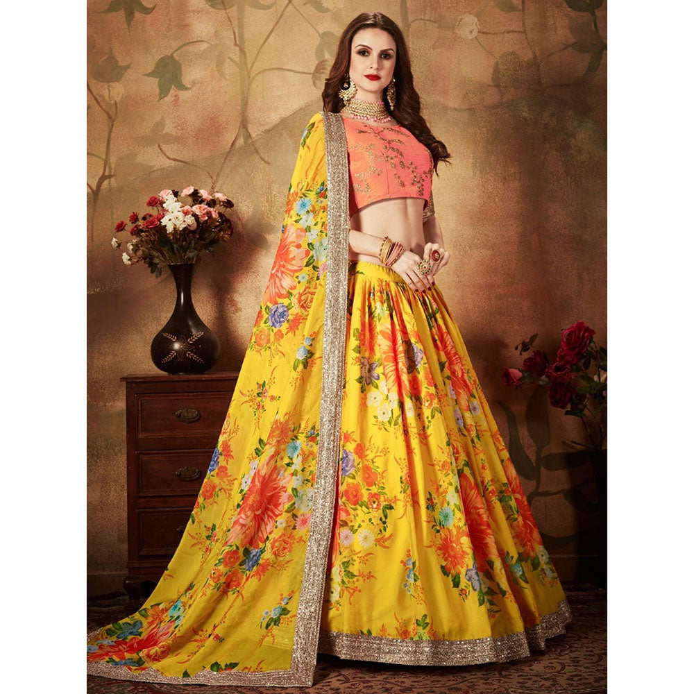 Odette Yellow-Orange Printed Semi Stitched Lehenga with Unstitched Blouse and Dupatta (Set of 3)