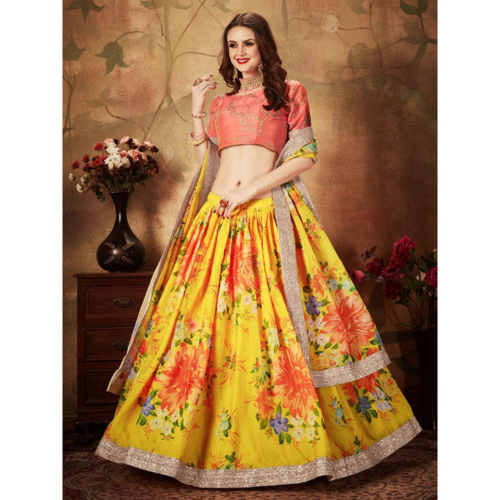 Odette Yellow-Orange Printed Semi Stitched Lehenga with Unstitched Blouse and Dupatta (Set of 3)