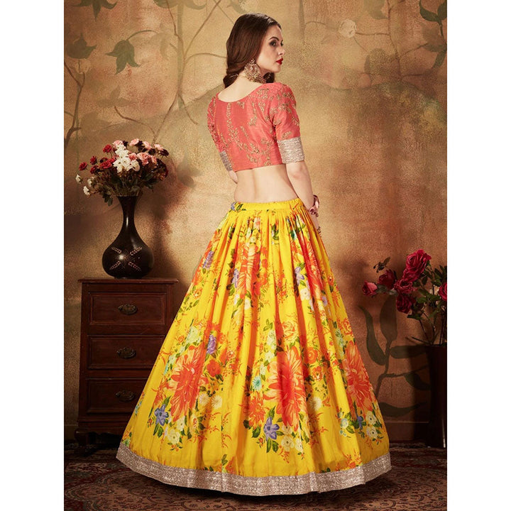 Odette Yellow-Orange Printed Semi Stitched Lehenga with Unstitched Blouse and Dupatta (Set of 3)