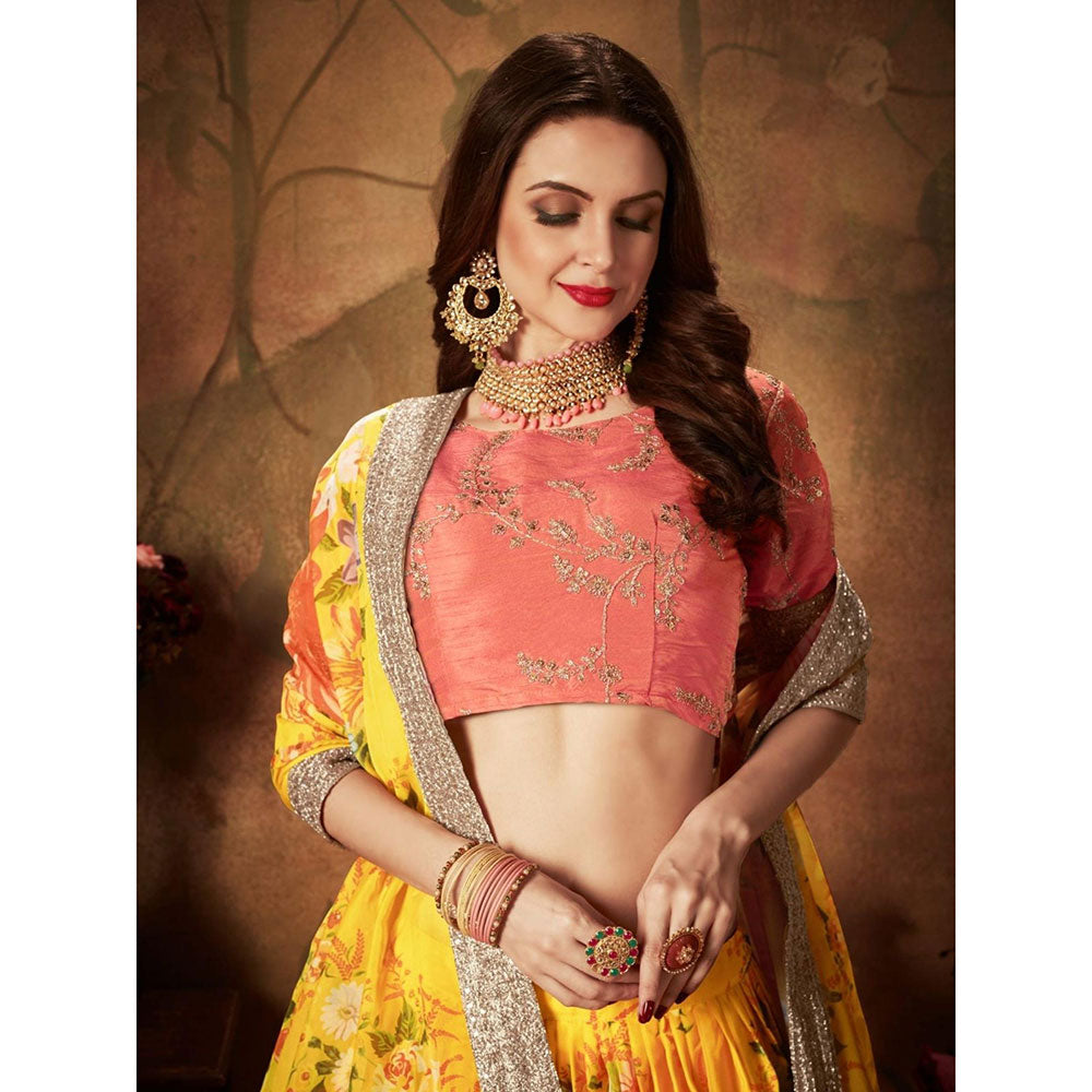 Odette Yellow-Orange Printed Semi Stitched Lehenga with Unstitched Blouse and Dupatta (Set of 3)