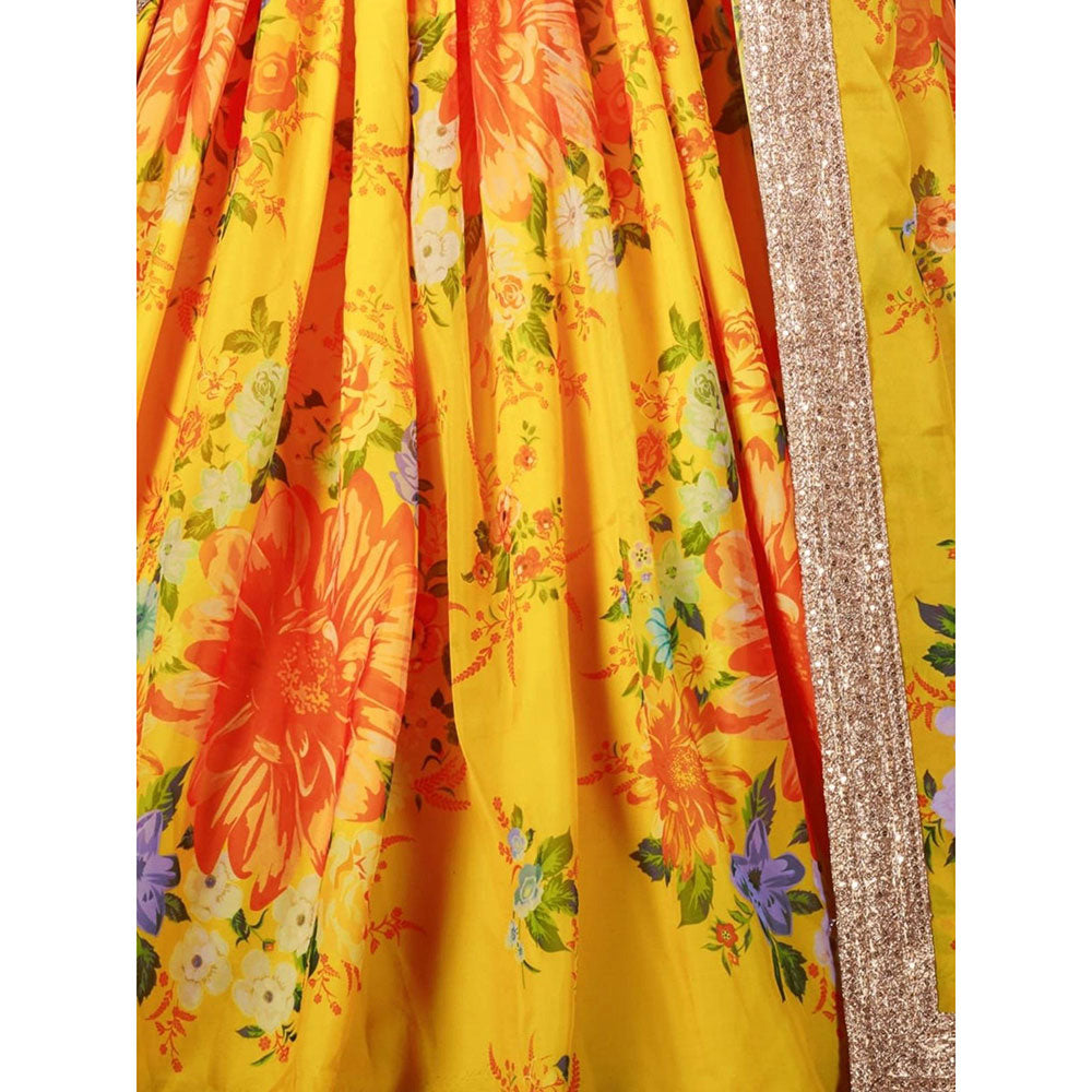 Odette Yellow-Orange Printed Semi Stitched Lehenga with Unstitched Blouse and Dupatta (Set of 3)