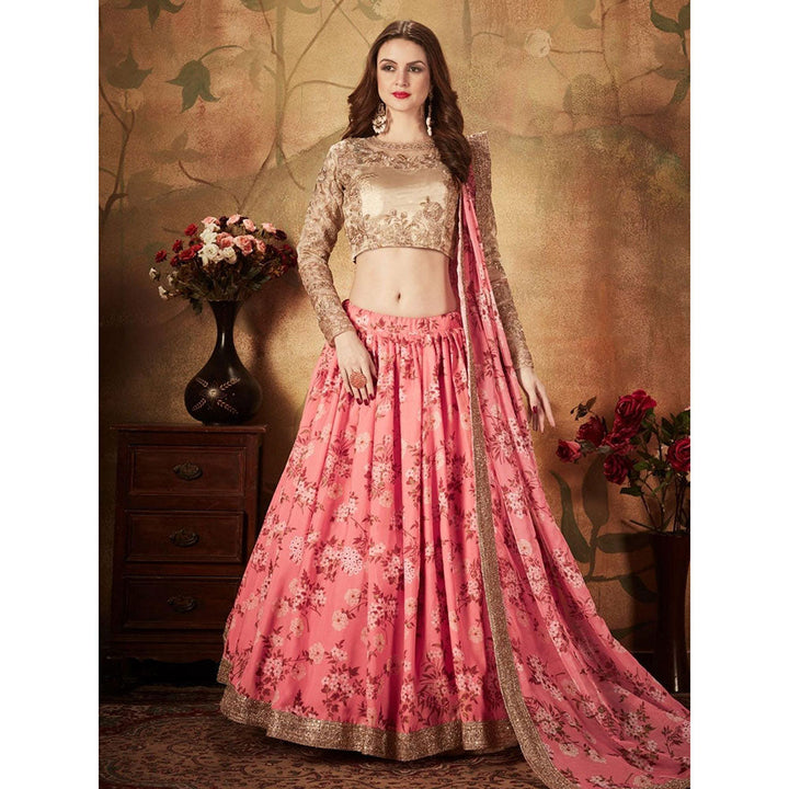 Odette Pink Floral Embroidered Semi Stitched Lehenga with Unstitched Blouse and Dupatta (Set of 3)