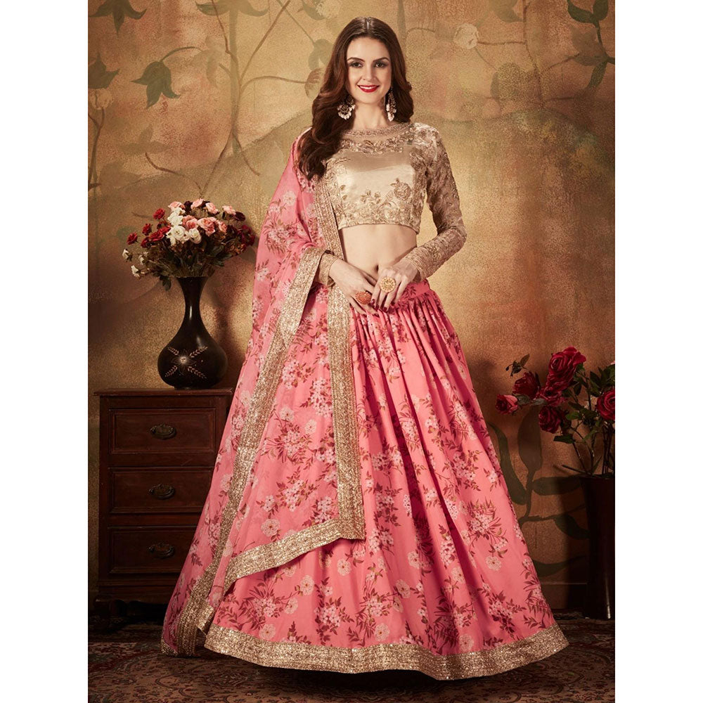 Odette Pink Floral Embroidered Semi Stitched Lehenga with Unstitched Blouse and Dupatta (Set of 3)