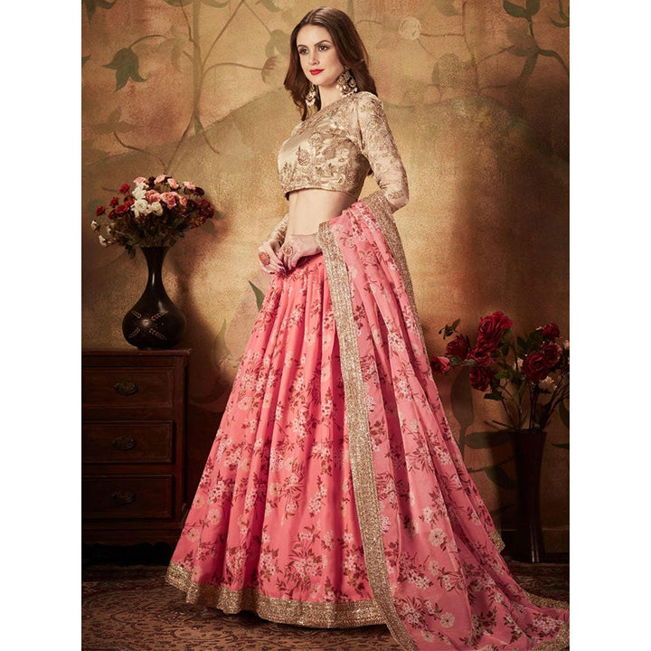 Odette Pink Floral Embroidered Semi Stitched Lehenga with Unstitched Blouse and Dupatta (Set of 3)