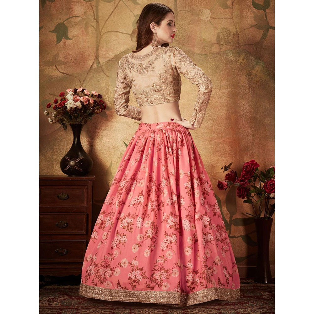 Odette Pink Floral Embroidered Semi Stitched Lehenga with Unstitched Blouse and Dupatta (Set of 3)