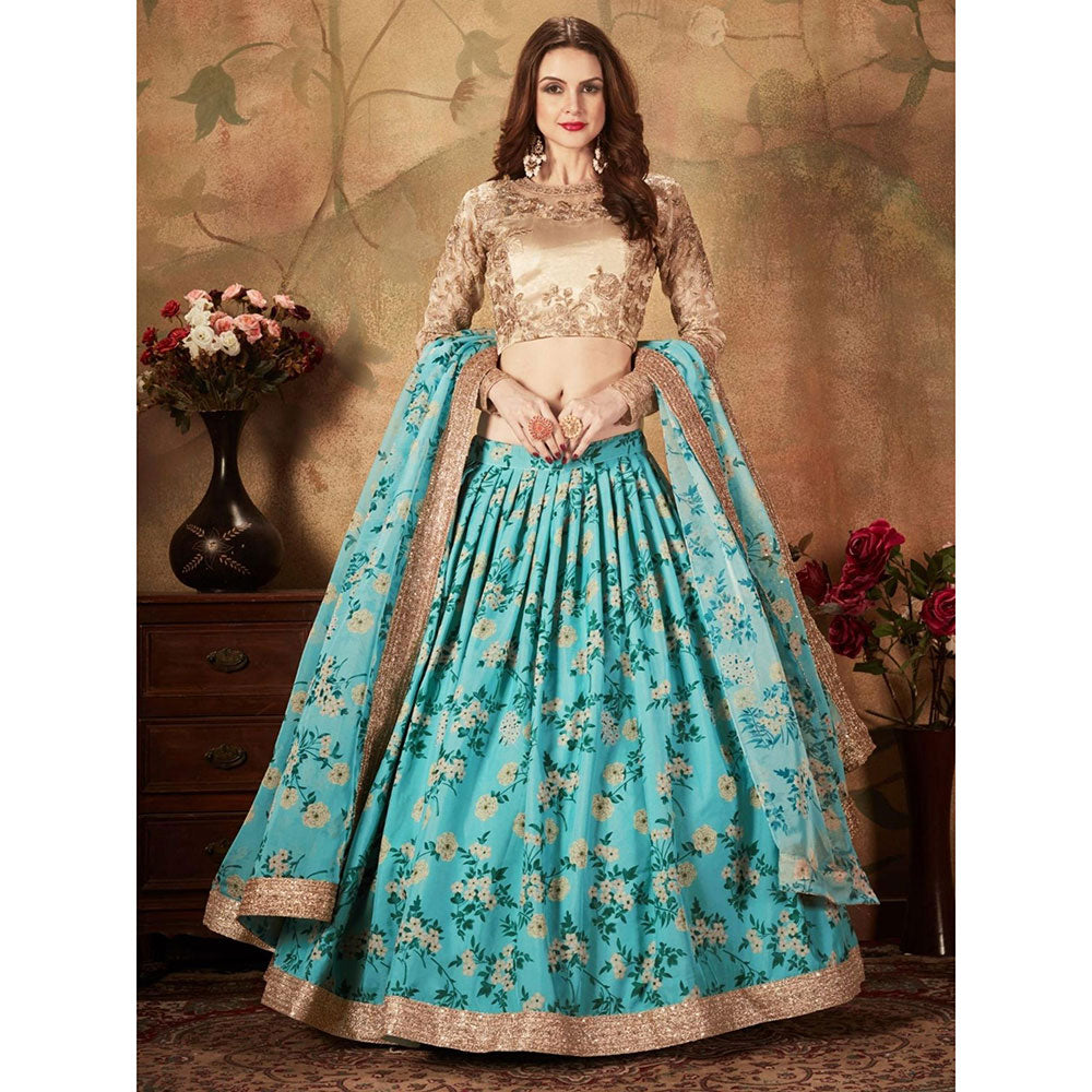 Odette Blue Floral Embroidered Semi Stitched Lehenga with Unstitched Blouse and Dupatta (Set of 3)