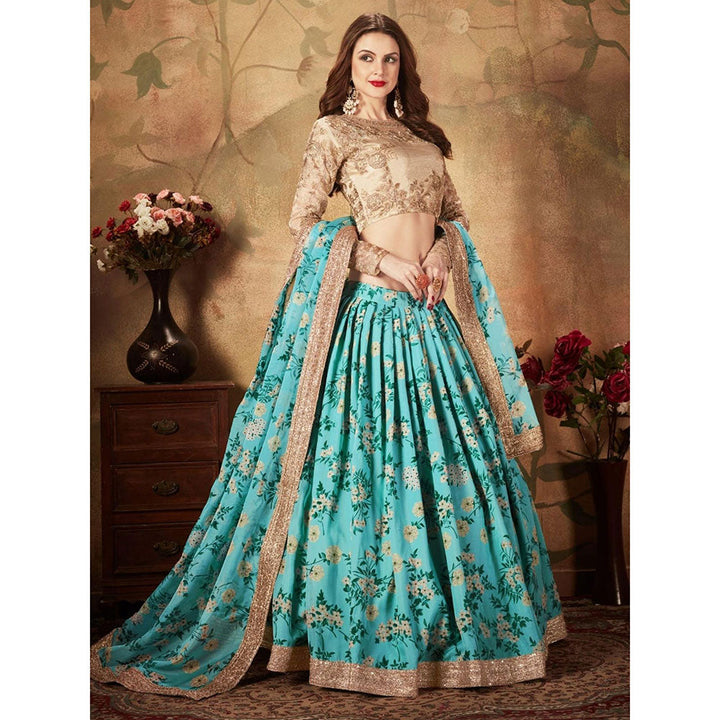 Odette Blue Floral Embroidered Semi Stitched Lehenga with Unstitched Blouse and Dupatta (Set of 3)