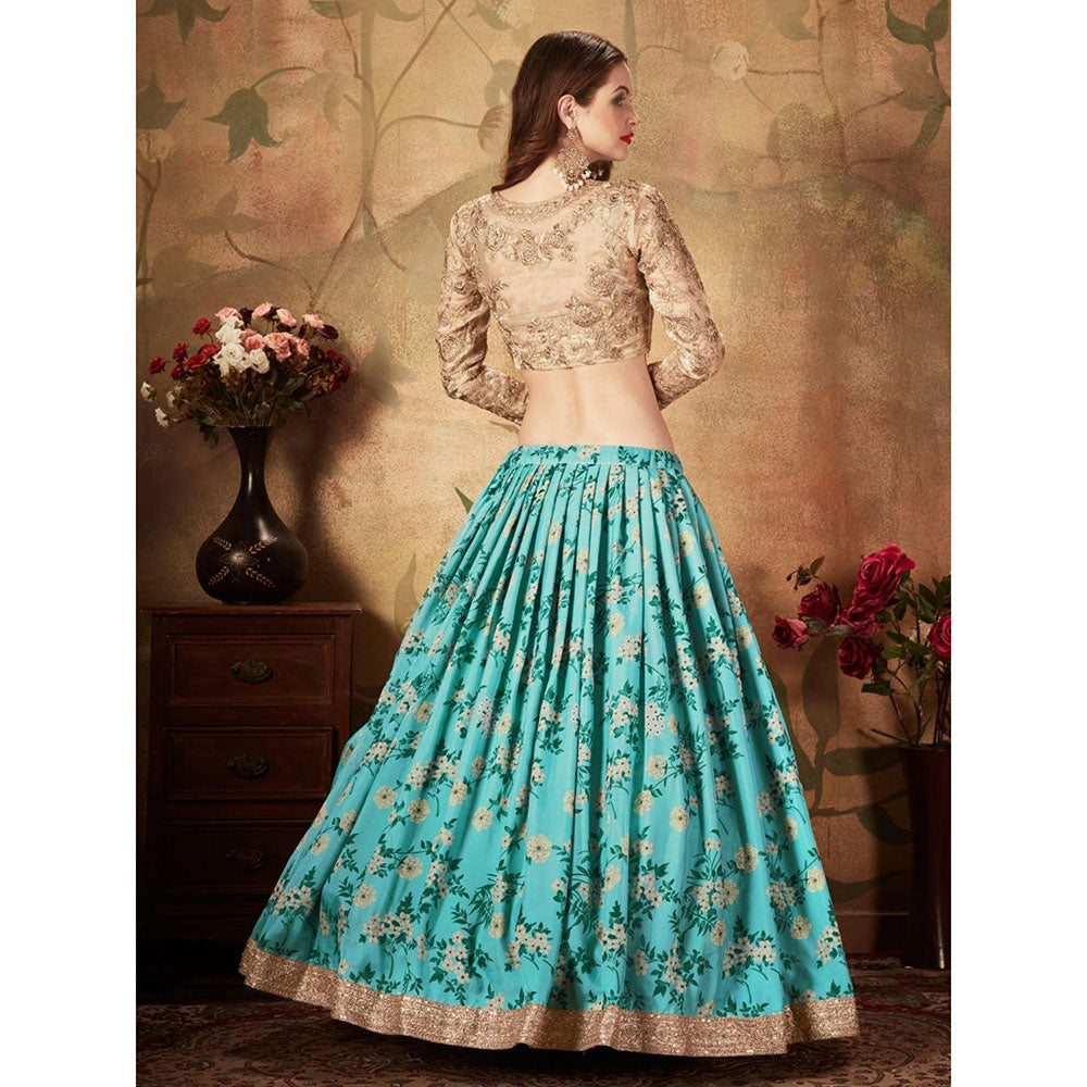 Odette Blue Floral Embroidered Semi Stitched Lehenga with Unstitched Blouse and Dupatta (Set of 3)