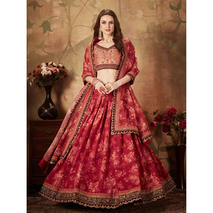 Odette Maroon Floral Embroidered Semi Stitched Lehenga with Unstitched Blouse and Dupatta (Set of 3)