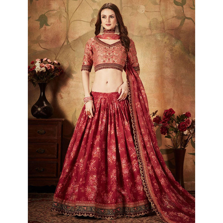 Odette Maroon Floral Embroidered Semi Stitched Lehenga with Unstitched Blouse and Dupatta (Set of 3)