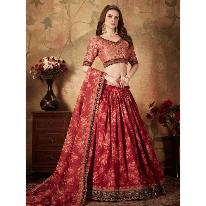 Odette Maroon Floral Embroidered Semi Stitched Lehenga with Unstitched Blouse and Dupatta (Set of 3)