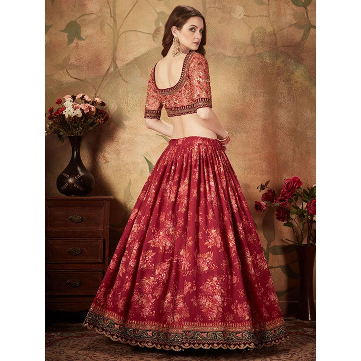 Odette Maroon Floral Embroidered Semi Stitched Lehenga with Unstitched Blouse and Dupatta (Set of 3)