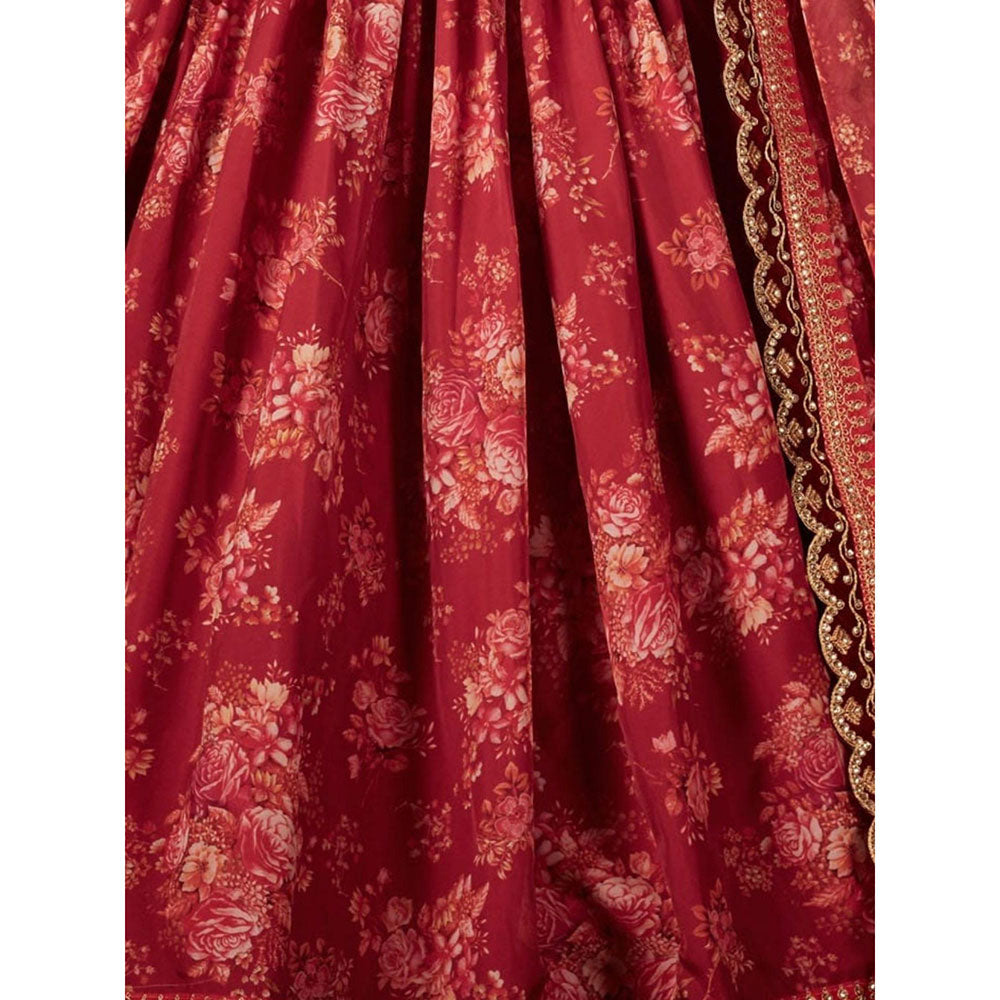 Odette Maroon Floral Embroidered Semi Stitched Lehenga with Unstitched Blouse and Dupatta (Set of 3)