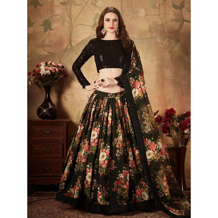 Odette Black Floral Printed Semi Stitched Lehenga with Unstitched Blouse and Dupatta (Set of 3)