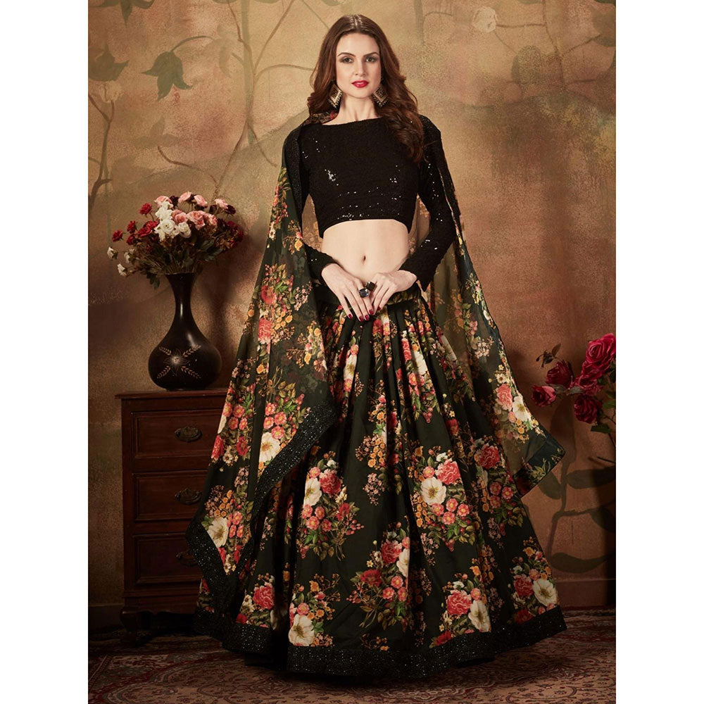 Odette Black Floral Printed Semi Stitched Lehenga with Unstitched Blouse and Dupatta (Set of 3)