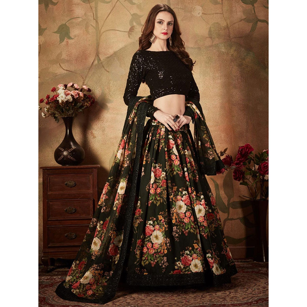 Odette Black Floral Printed Semi Stitched Lehenga with Unstitched Blouse and Dupatta (Set of 3)