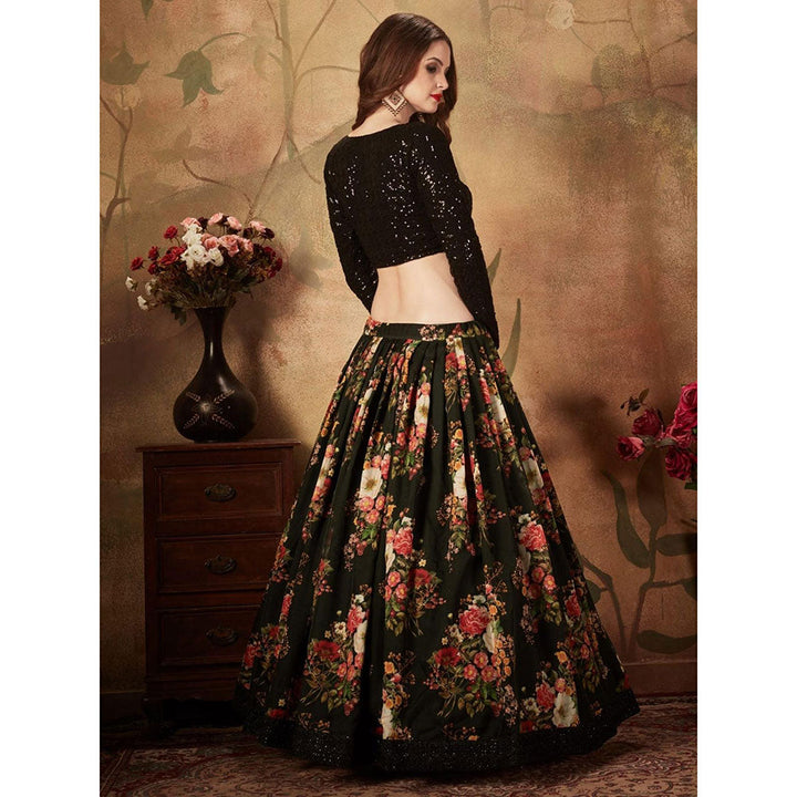 Odette Black Floral Printed Semi Stitched Lehenga with Unstitched Blouse and Dupatta (Set of 3)