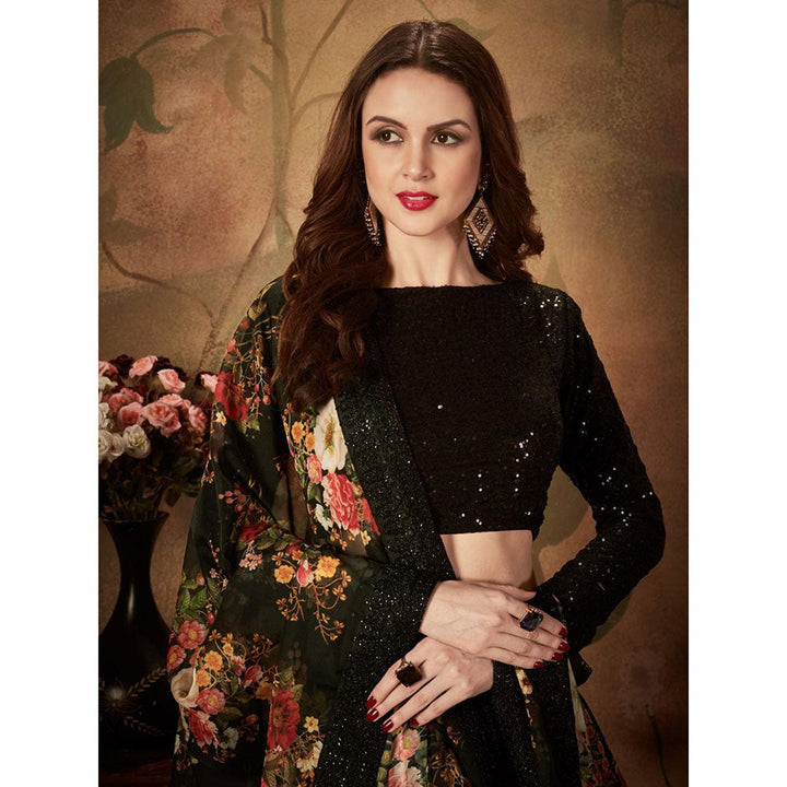 Odette Black Floral Printed Semi Stitched Lehenga with Unstitched Blouse and Dupatta (Set of 3)