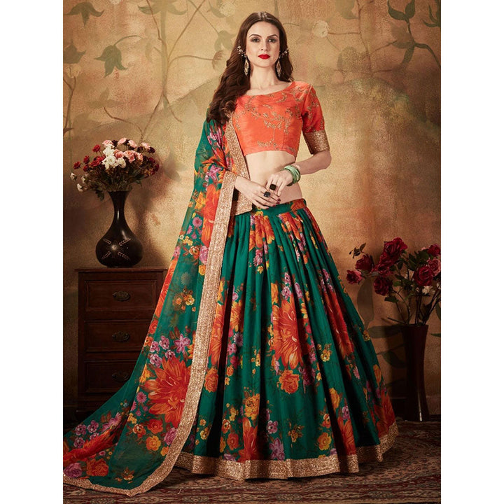 Odette Green Floral Printed Semi Stitched Lehenga with Unstitched Blouse and Dupatta (Set of 3)