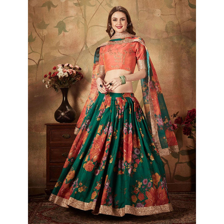 Odette Green Floral Printed Semi Stitched Lehenga with Unstitched Blouse and Dupatta (Set of 3)