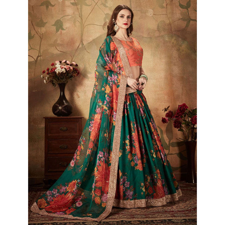 Odette Green Floral Printed Semi Stitched Lehenga with Unstitched Blouse and Dupatta (Set of 3)