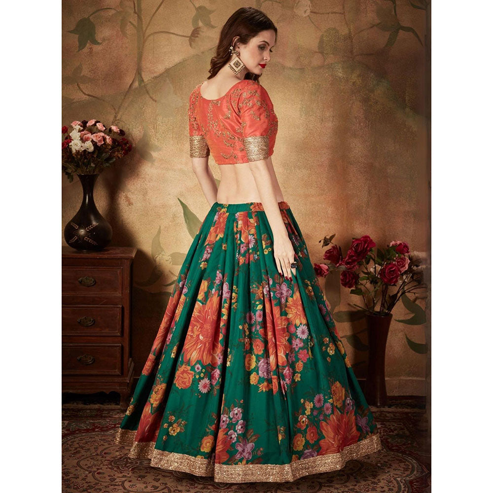 Odette Green Floral Printed Semi Stitched Lehenga with Unstitched Blouse and Dupatta (Set of 3)