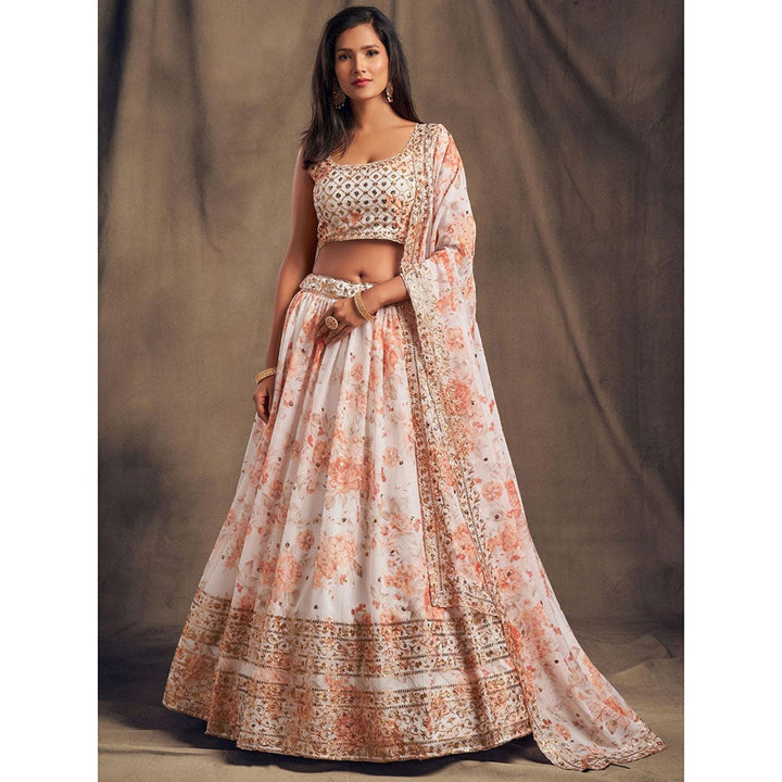 Odette White Floral Printed Semi Stitched Lehenga with Unstitched Blouse and Dupatta (Set of 3)