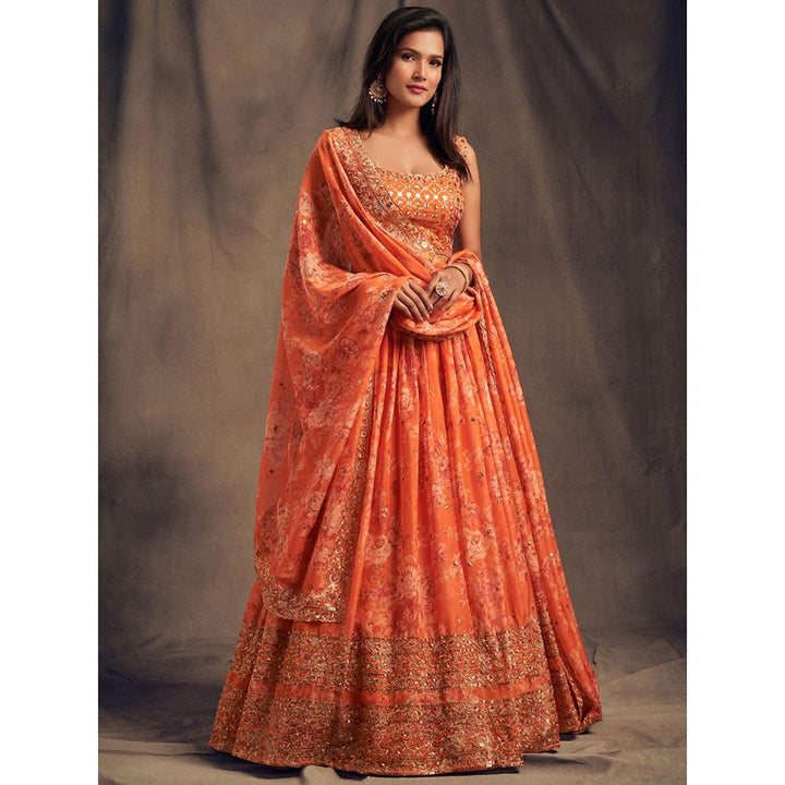 Odette Orange Floral Printed Semi Stitched Lehenga with Unstitched Blouse and Dupatta (Set of 3)