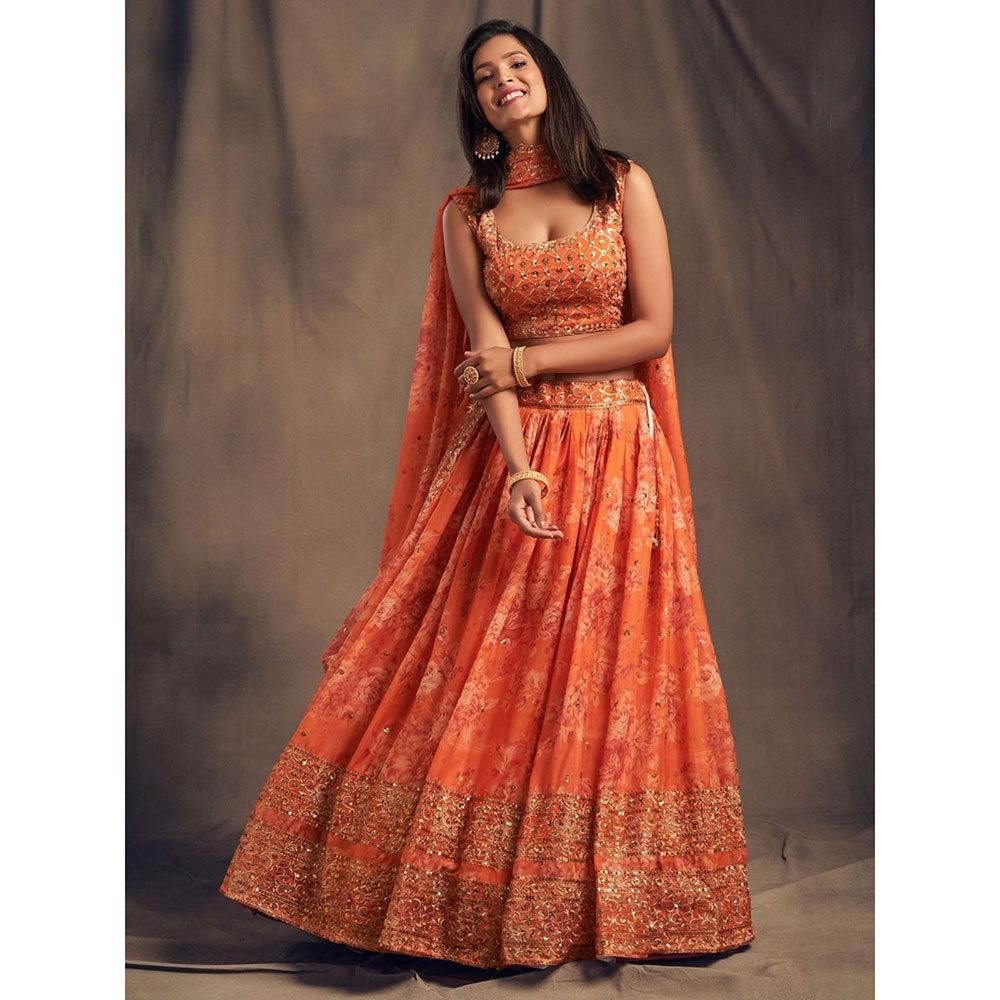 Odette Orange Floral Printed Semi Stitched Lehenga with Unstitched Blouse and Dupatta (Set of 3)