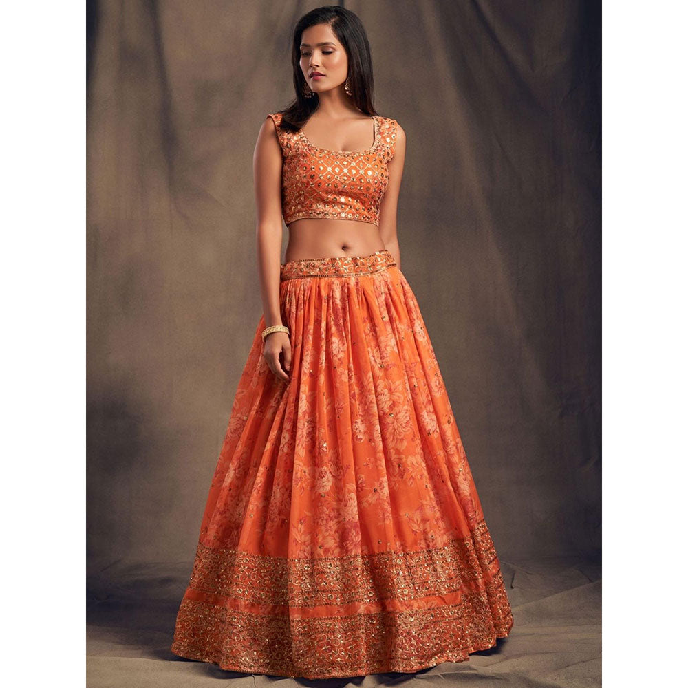 Odette Orange Floral Printed Semi Stitched Lehenga with Unstitched Blouse and Dupatta (Set of 3)