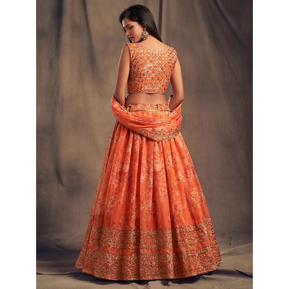 Odette Orange Floral Printed Semi Stitched Lehenga with Unstitched Blouse and Dupatta (Set of 3)