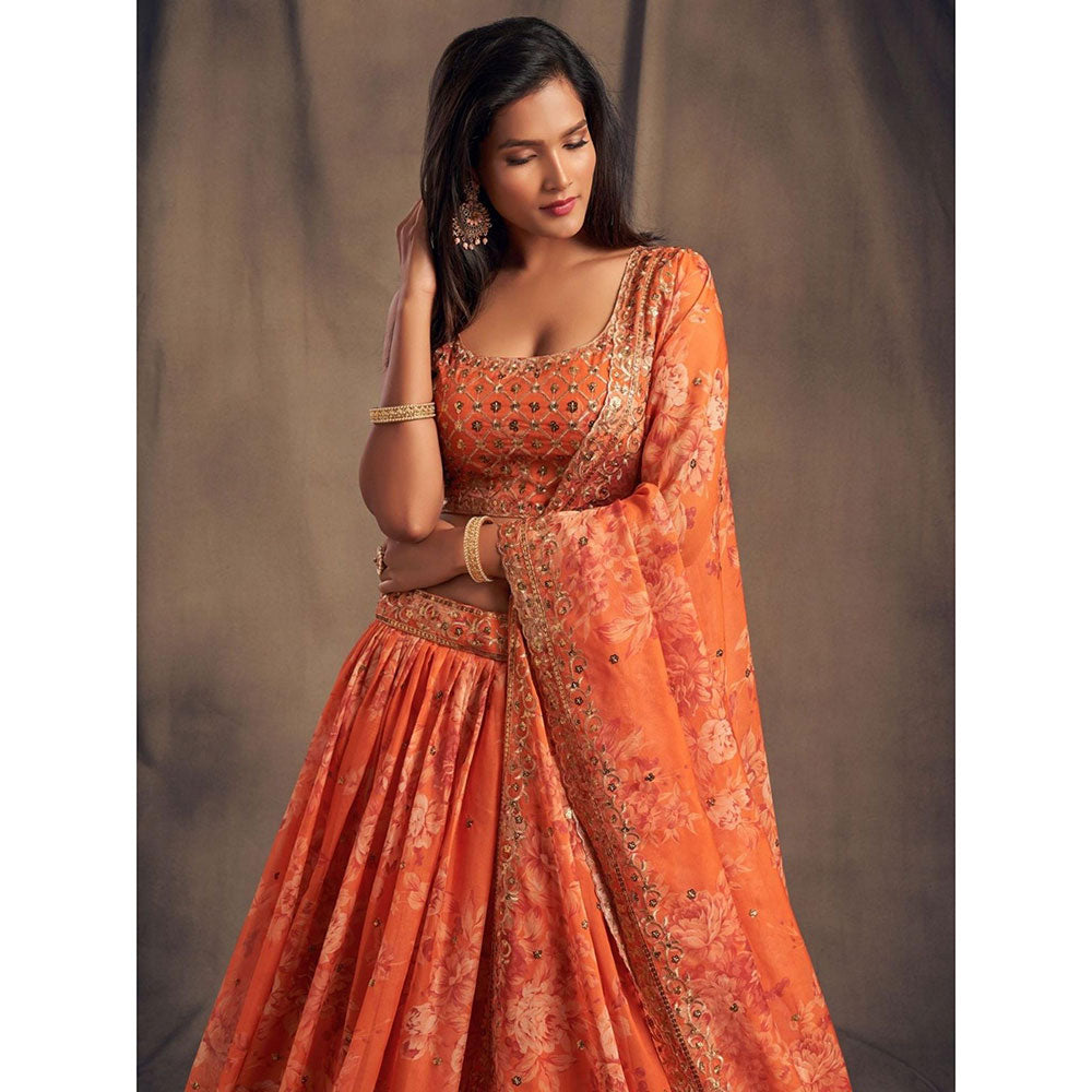 Odette Orange Floral Printed Semi Stitched Lehenga with Unstitched Blouse and Dupatta (Set of 3)