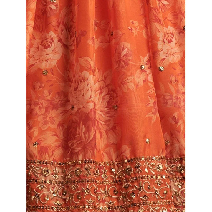 Odette Orange Floral Printed Semi Stitched Lehenga with Unstitched Blouse and Dupatta (Set of 3)