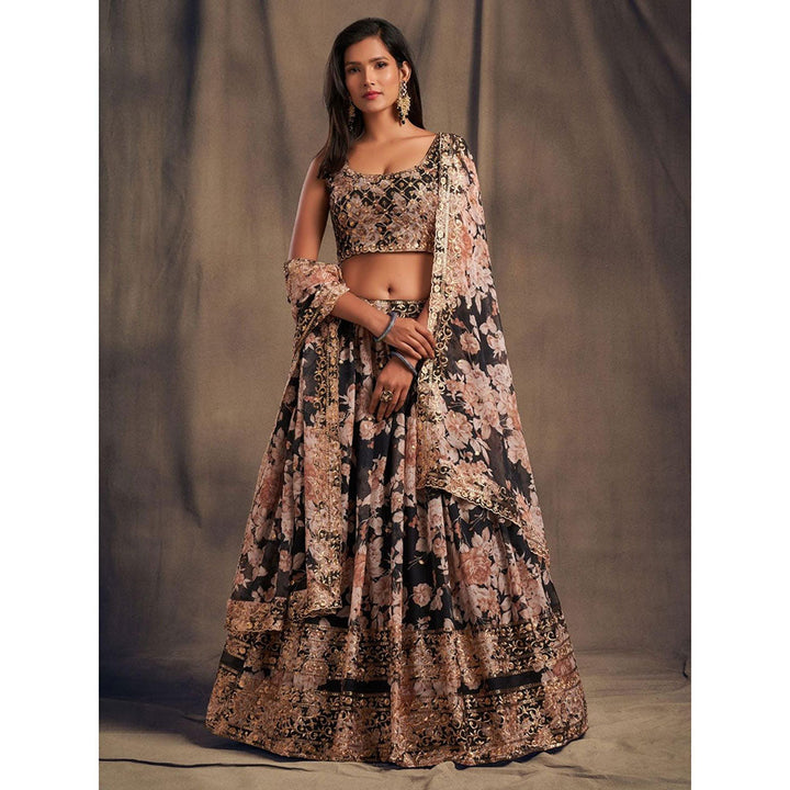 Odette Black Floral Printed Semi Stitched Lehenga with Unstitched Blouse and Dupatta (Set of 3)