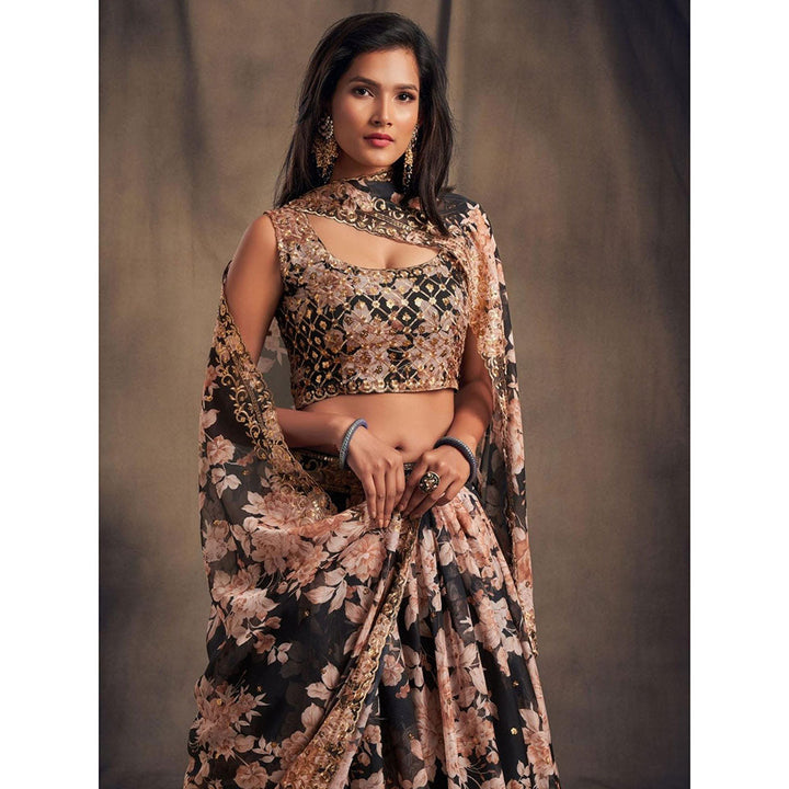 Odette Black Floral Printed Semi Stitched Lehenga with Unstitched Blouse and Dupatta (Set of 3)