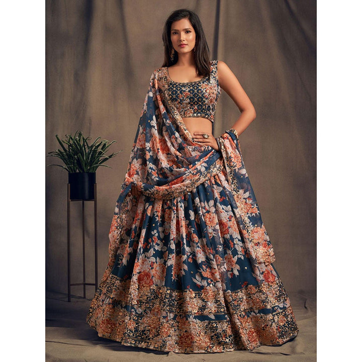 Odette Navy Blue Floral Printed Semi Stitched Lehenga with Unstitched Blouse and Dupatta (Set of 3)