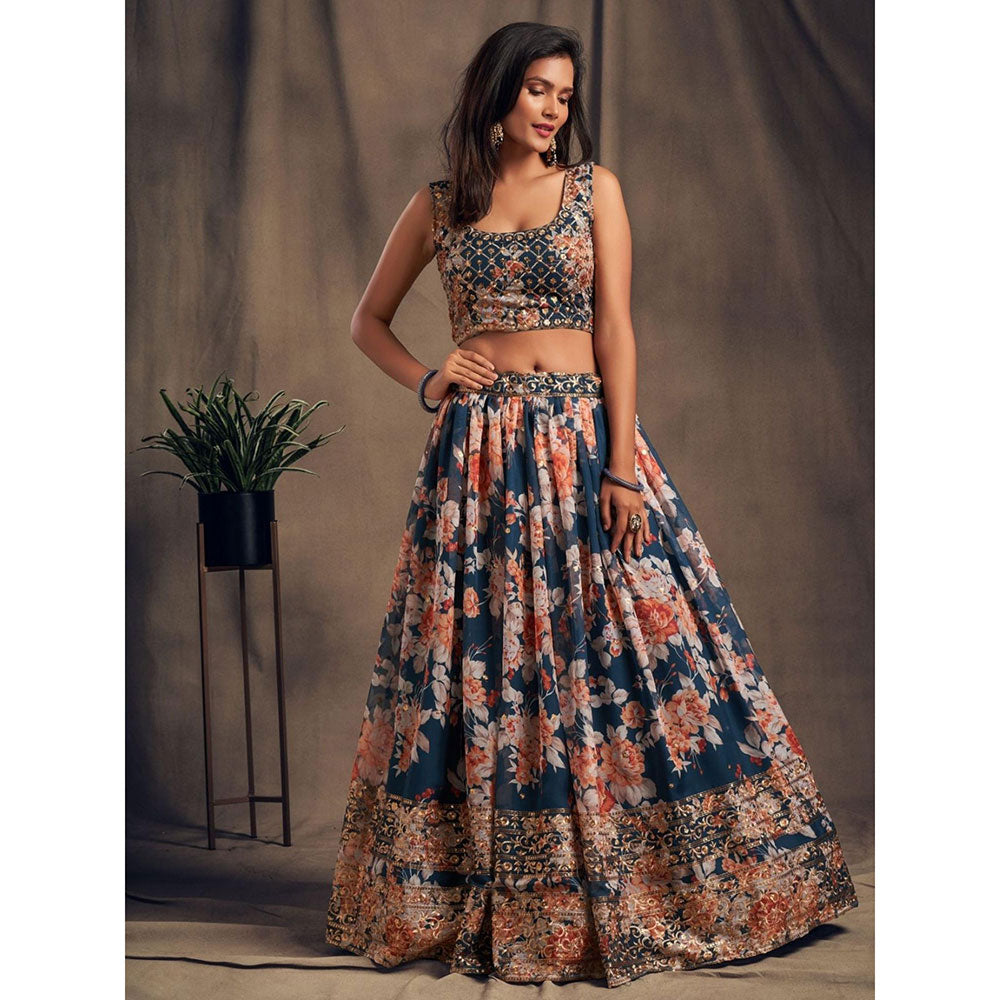 Odette Navy Blue Floral Printed Semi Stitched Lehenga with Unstitched Blouse and Dupatta (Set of 3)