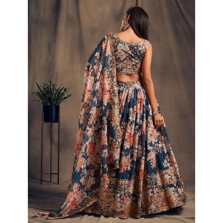 Odette Navy Blue Floral Printed Semi Stitched Lehenga with Unstitched Blouse and Dupatta (Set of 3)