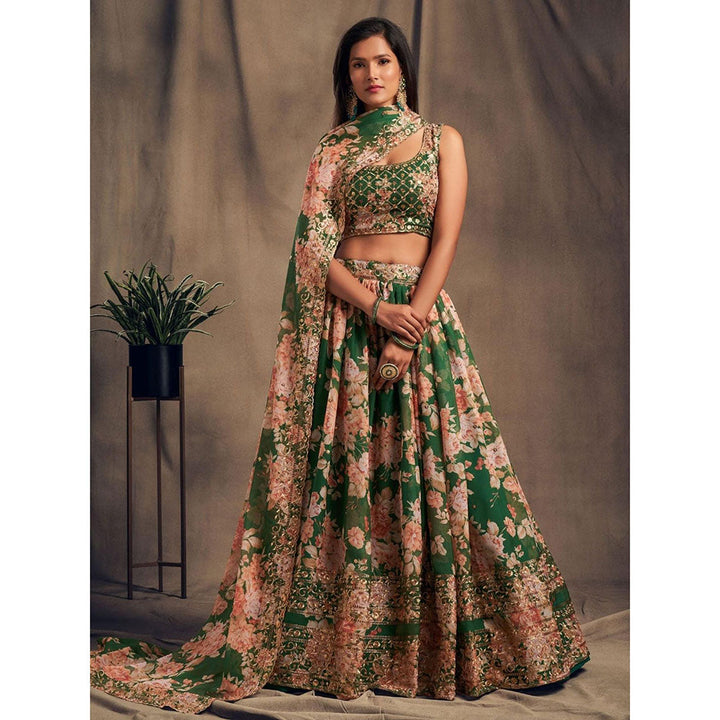 Odette Green Floral Printed Semi Stitched Lehenga with Unstitched Blouse and Dupatta (Set of 3)