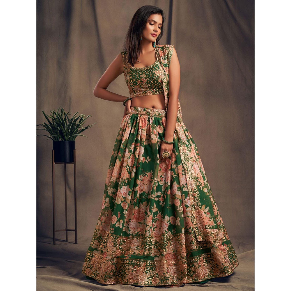 Odette Green Floral Printed Semi Stitched Lehenga with Unstitched Blouse and Dupatta (Set of 3)