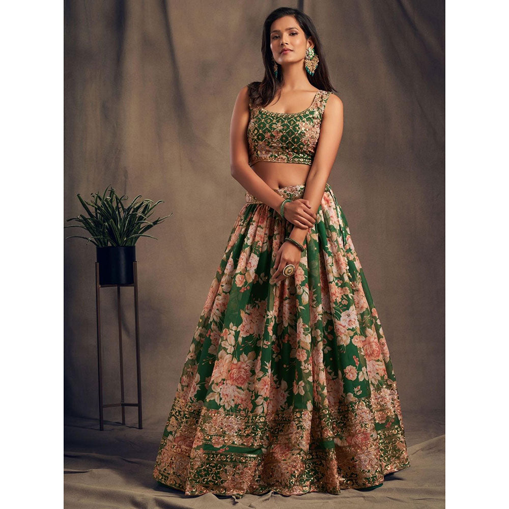 Odette Green Floral Printed Semi Stitched Lehenga with Unstitched Blouse and Dupatta (Set of 3)