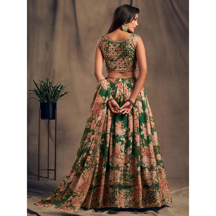 Odette Green Floral Printed Semi Stitched Lehenga with Unstitched Blouse and Dupatta (Set of 3)