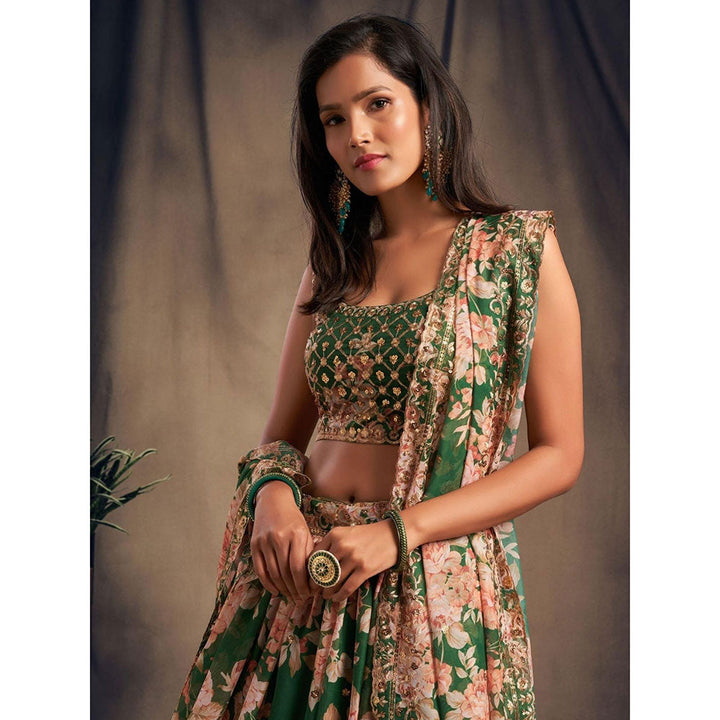 Odette Green Floral Printed Semi Stitched Lehenga with Unstitched Blouse and Dupatta (Set of 3)