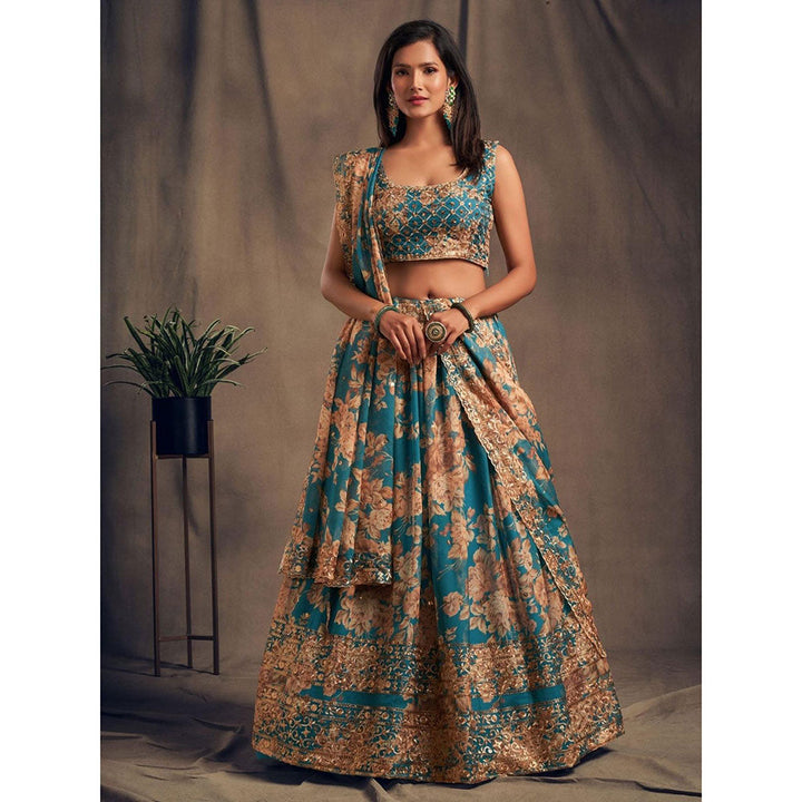 Odette Teal Floral Printed Semi Stitched Lehenga with Unstitched Blouse and Dupatta (Set of 3)