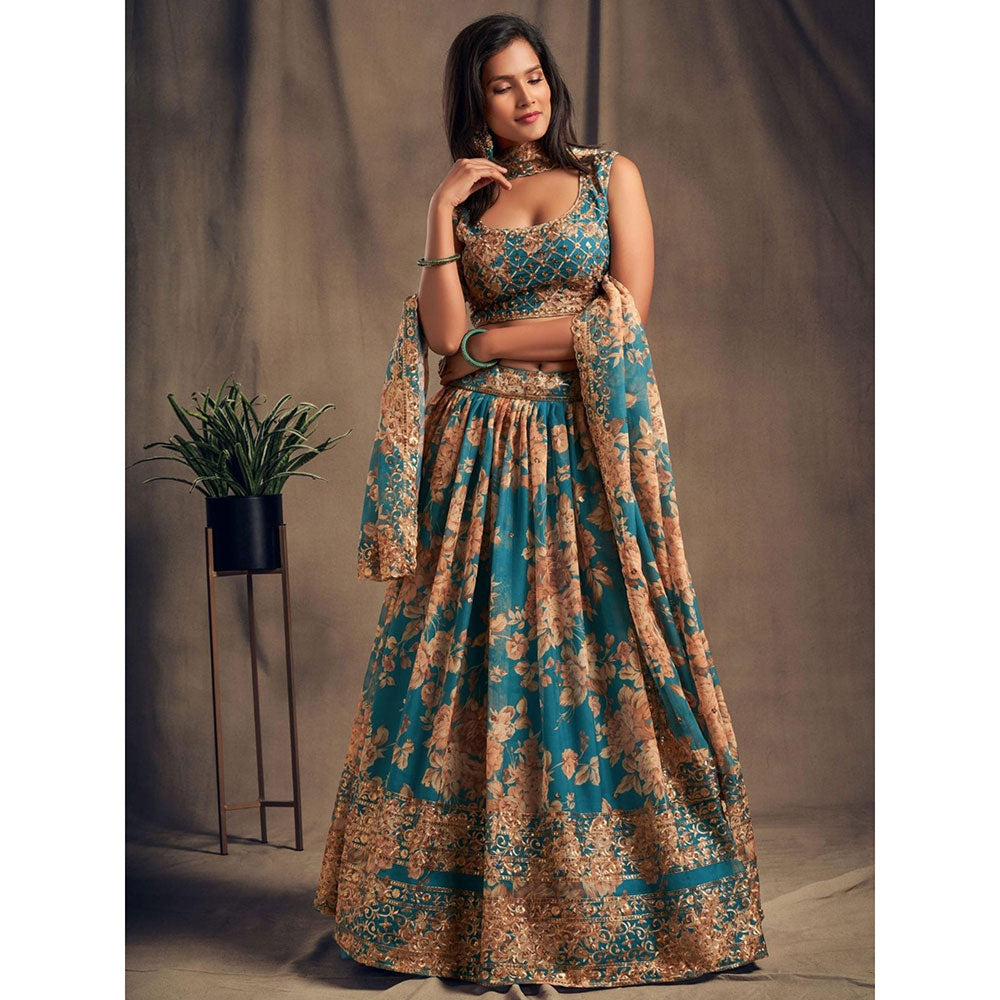 Odette Teal Floral Printed Semi Stitched Lehenga with Unstitched Blouse and Dupatta (Set of 3)