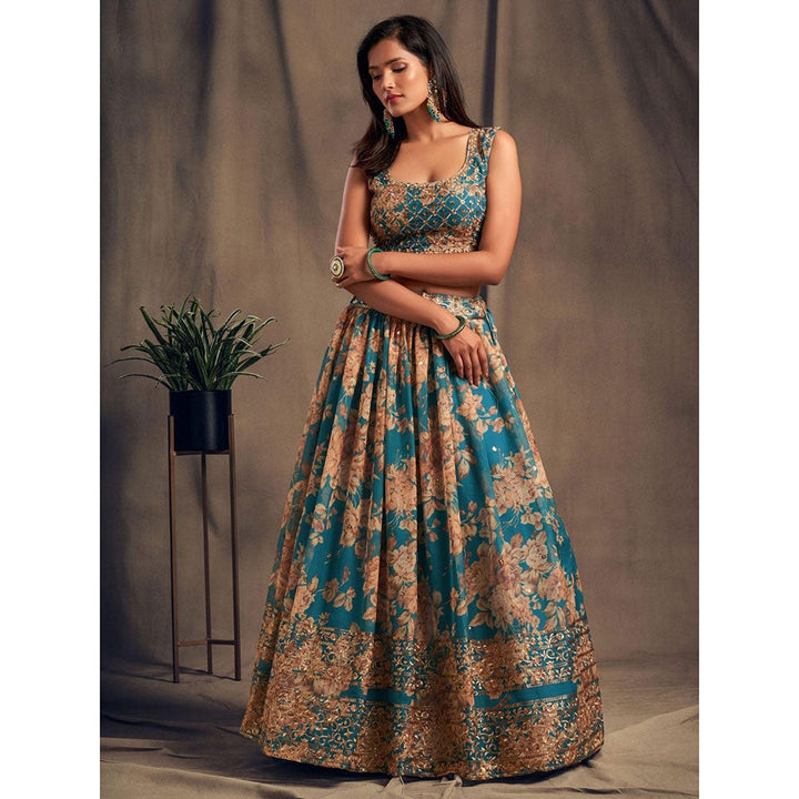 Odette Teal Floral Printed Semi Stitched Lehenga with Unstitched Blouse and Dupatta (Set of 3)